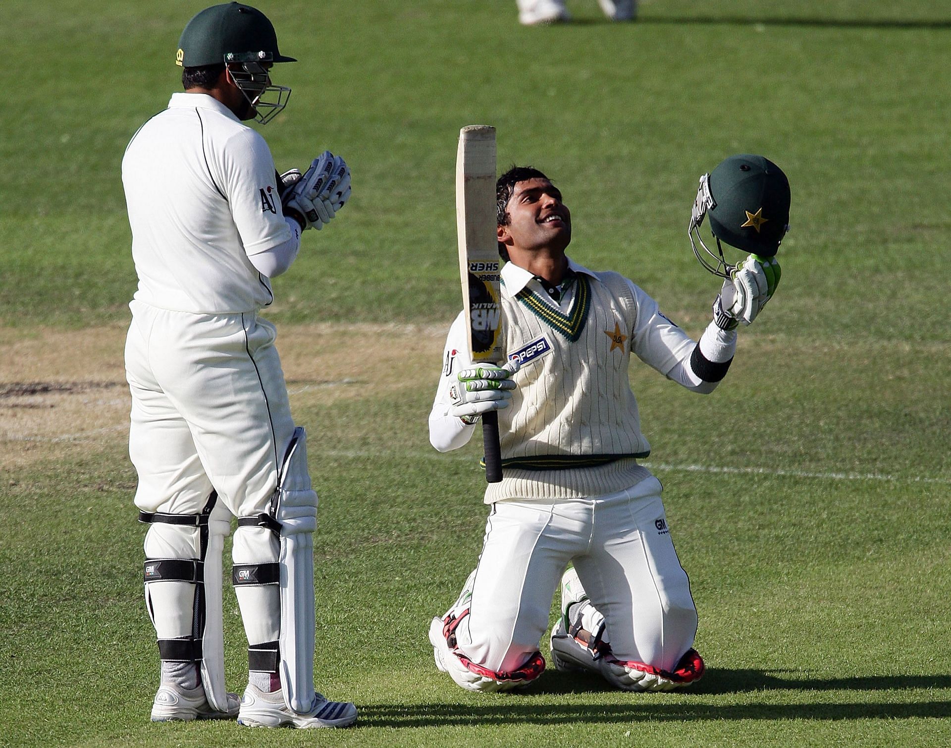 Umar Akmal celebrates his century on his Test debut in Dunedin. Pic: Getty Images